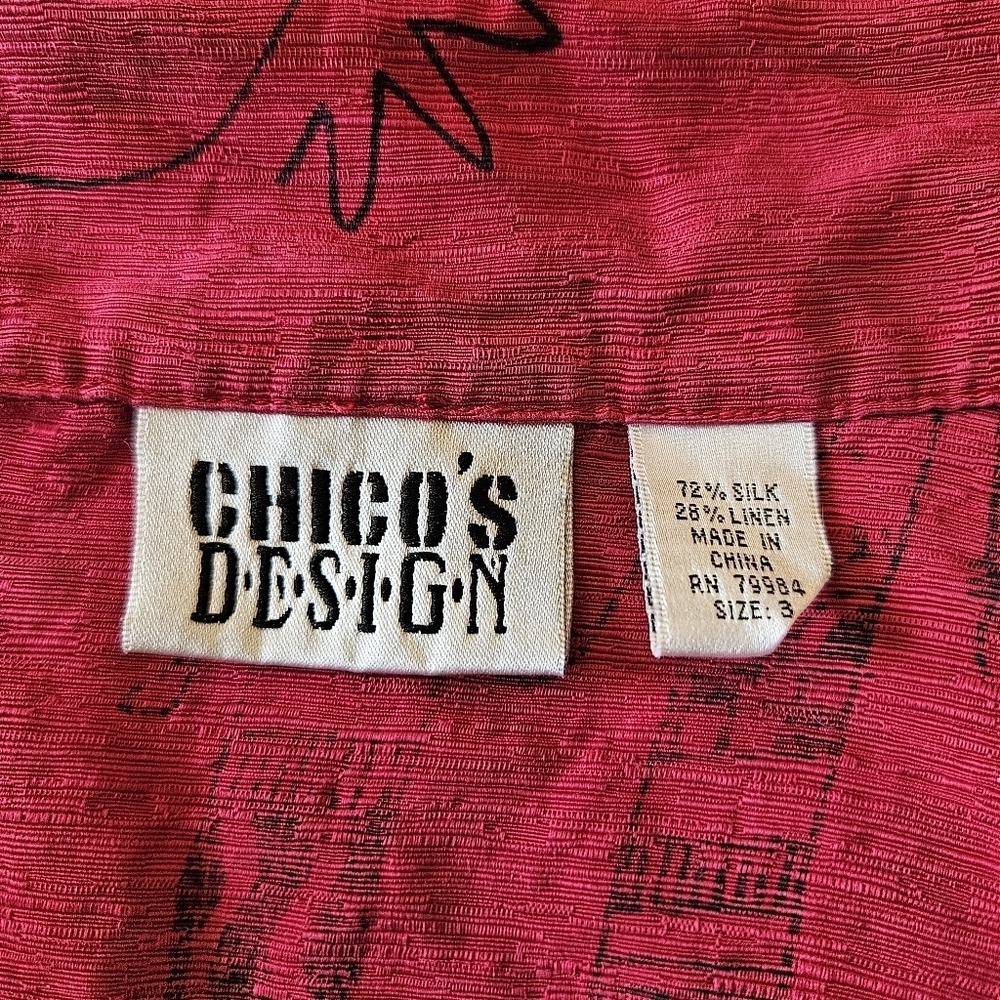 Chico's Red Silk Linen Western Print Blouse Size 3 / Medium Button Down - Picture 7 of 9